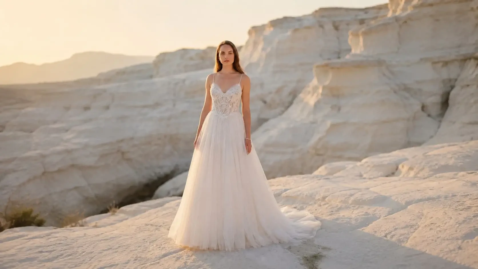 Model wearing a white wedding dress