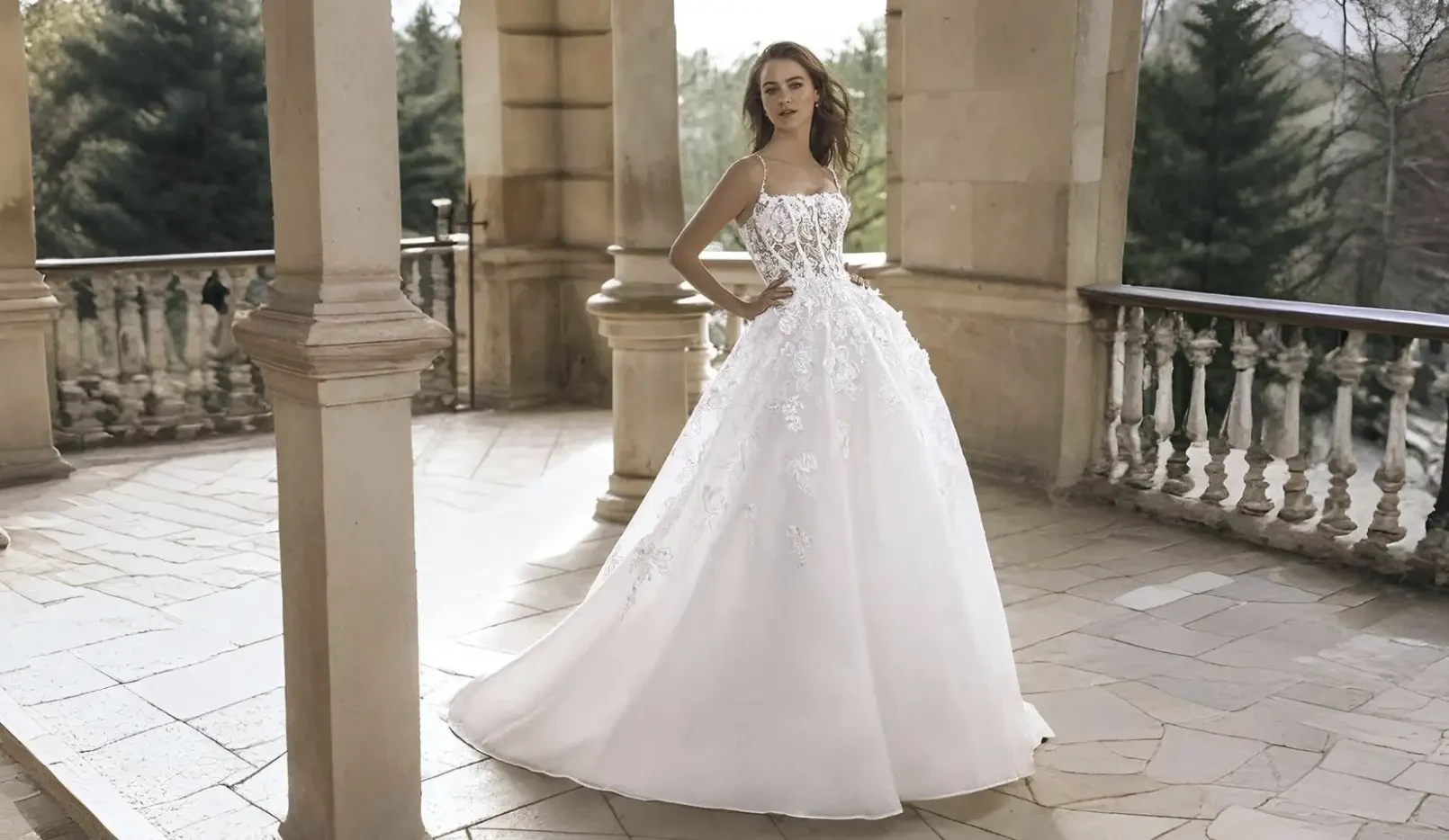 Model wearing a white wedding dress