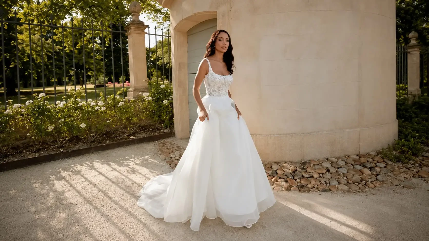 Model wearing a white wedding dress
