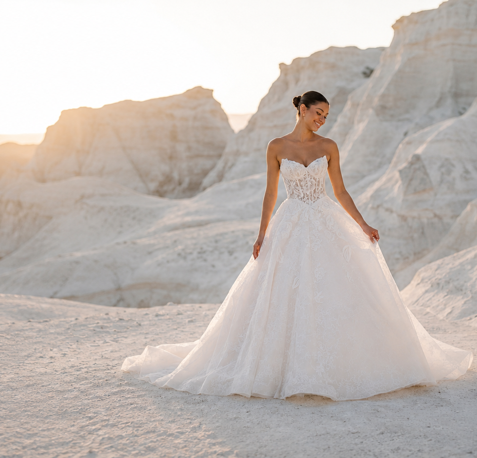 Model wearing a white wedding dress