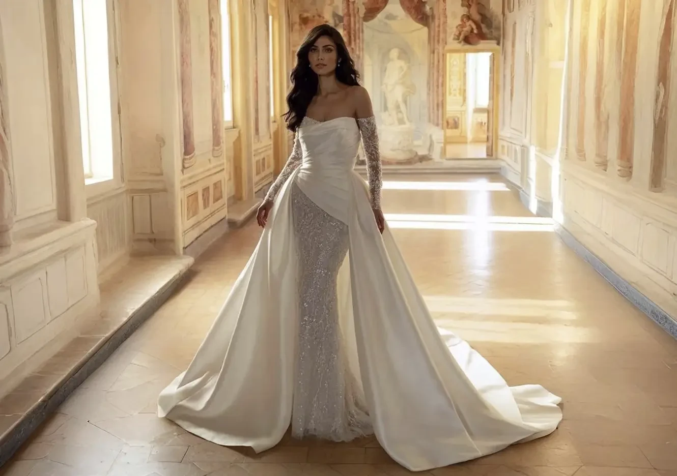Model wearing a white wedding dress