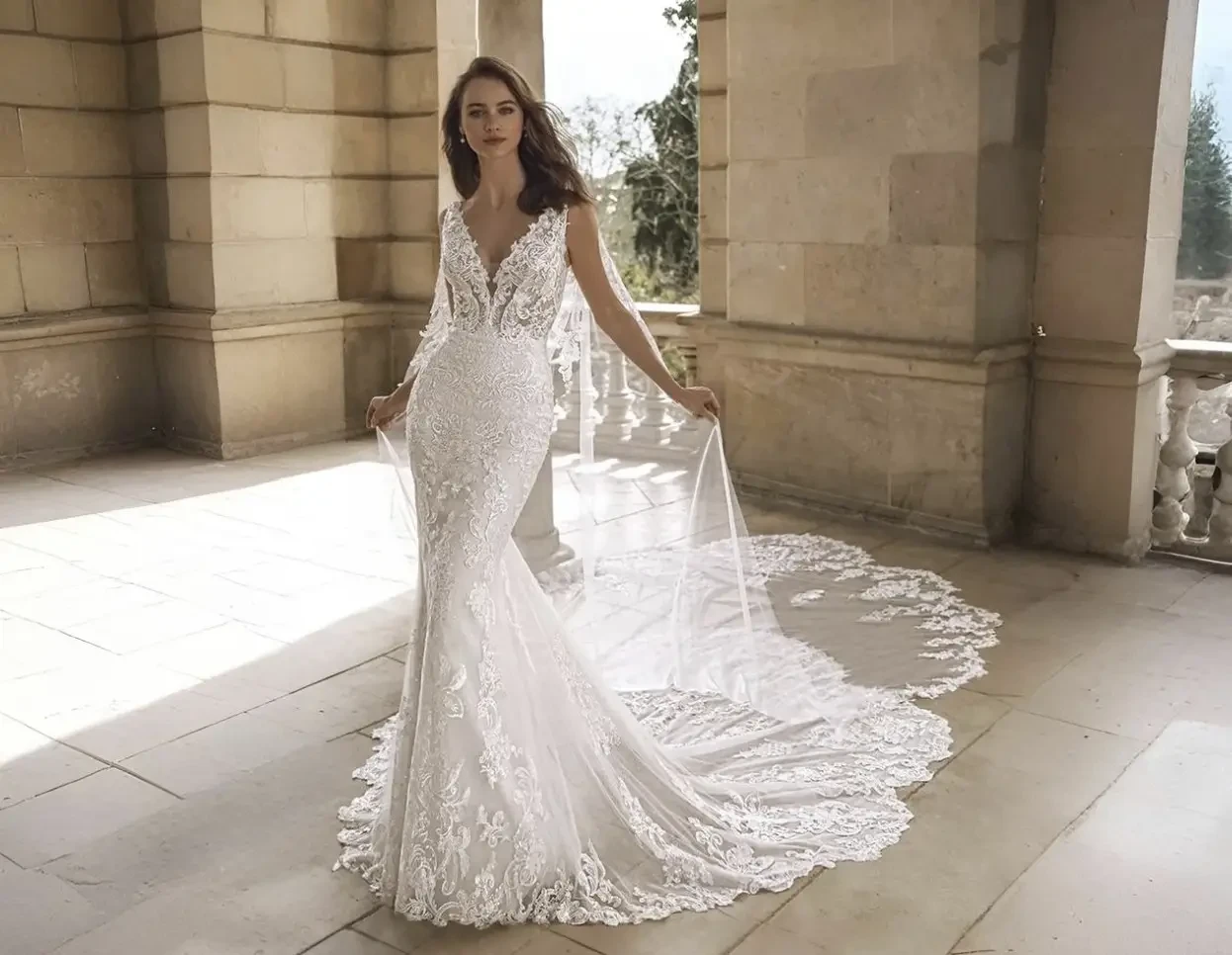 Model wearing a white wedding dress