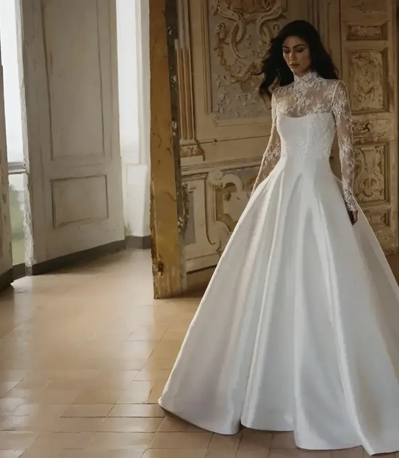 Model wearing a white wedding dress