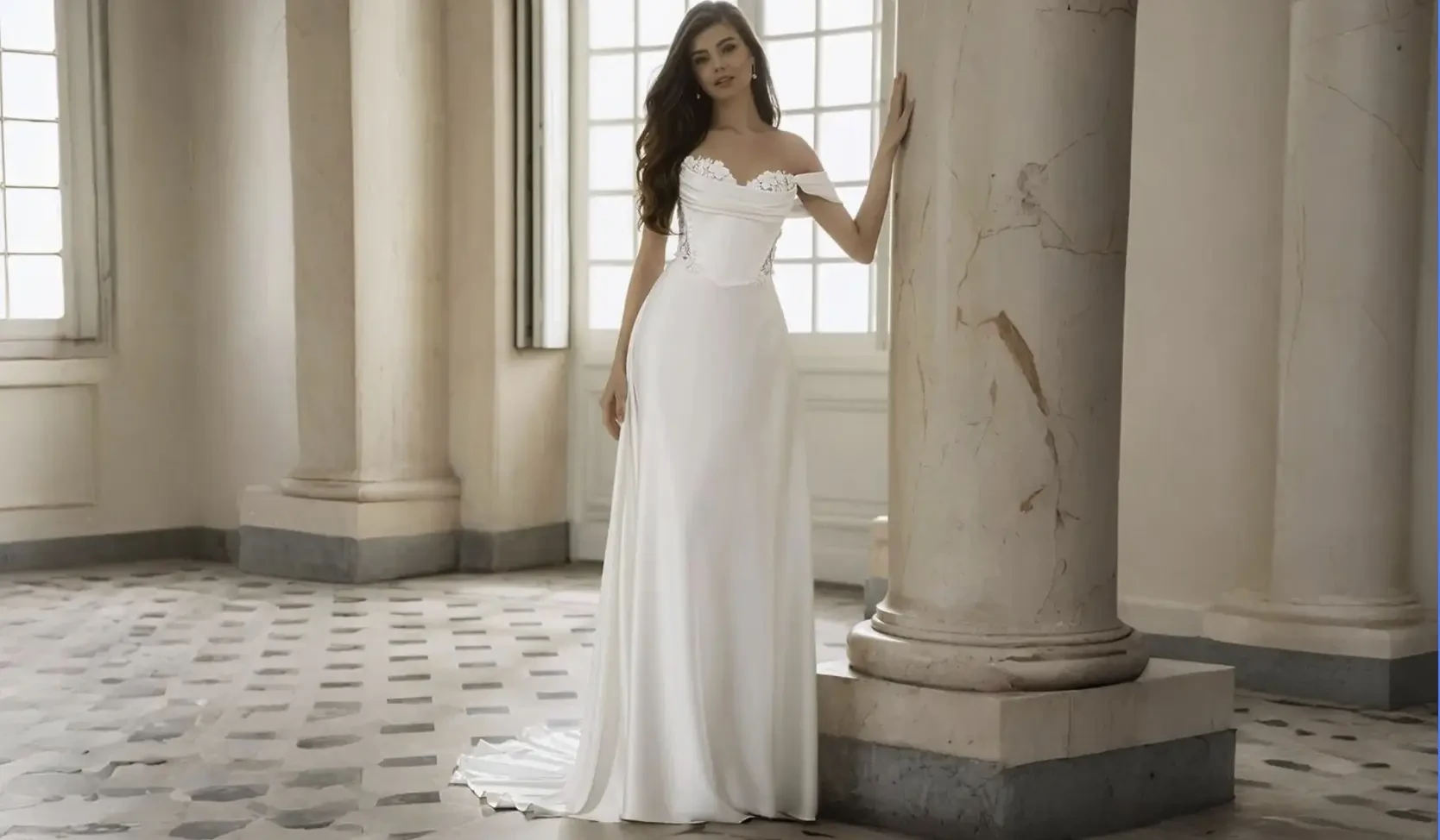 Model wearing a white wedding dress