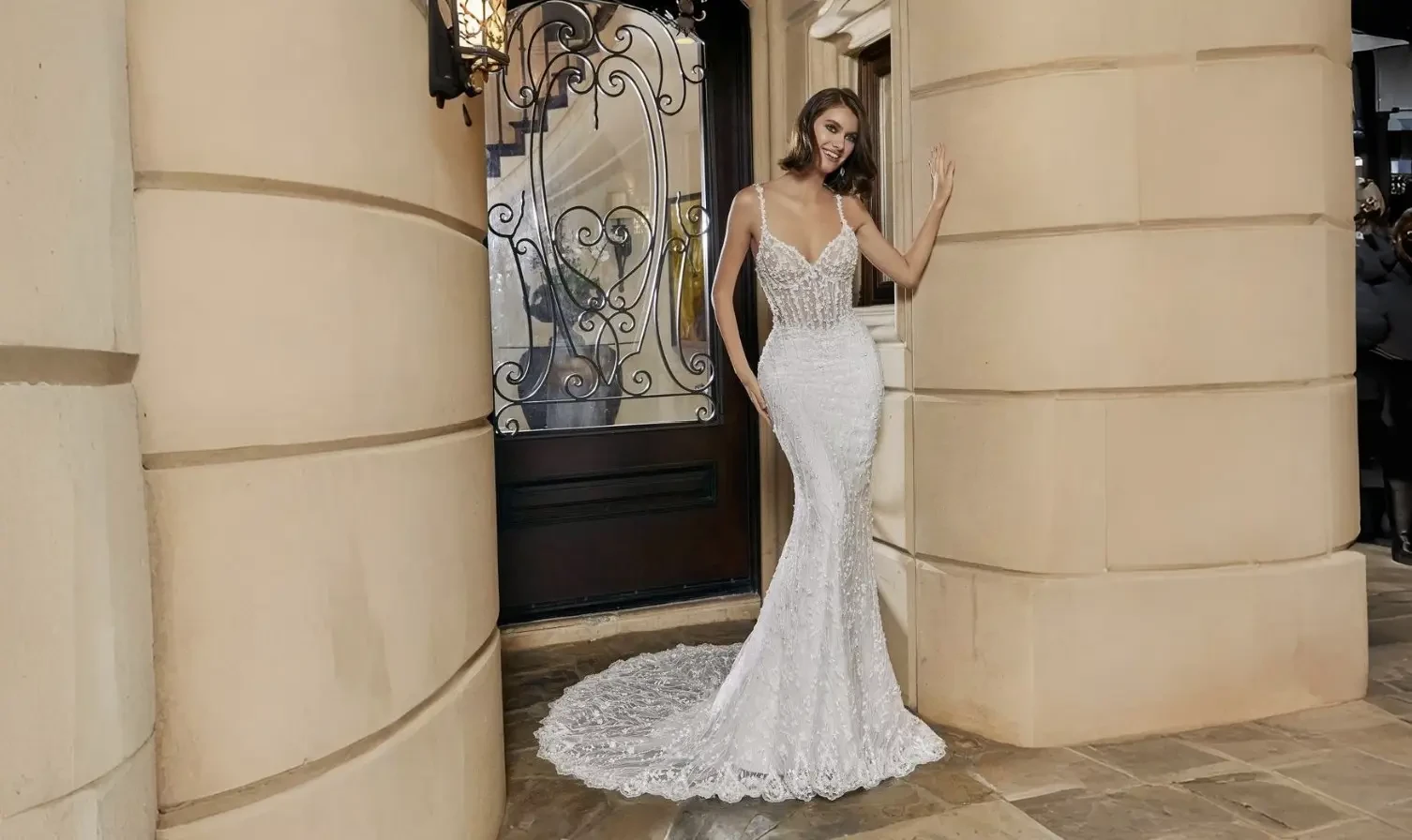 Model wearing a white wedding dress