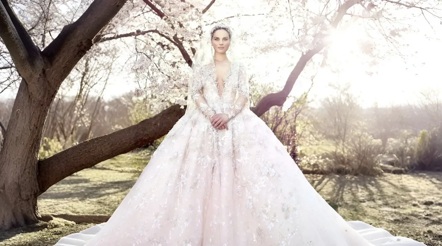Model wearing a white wedding dress
