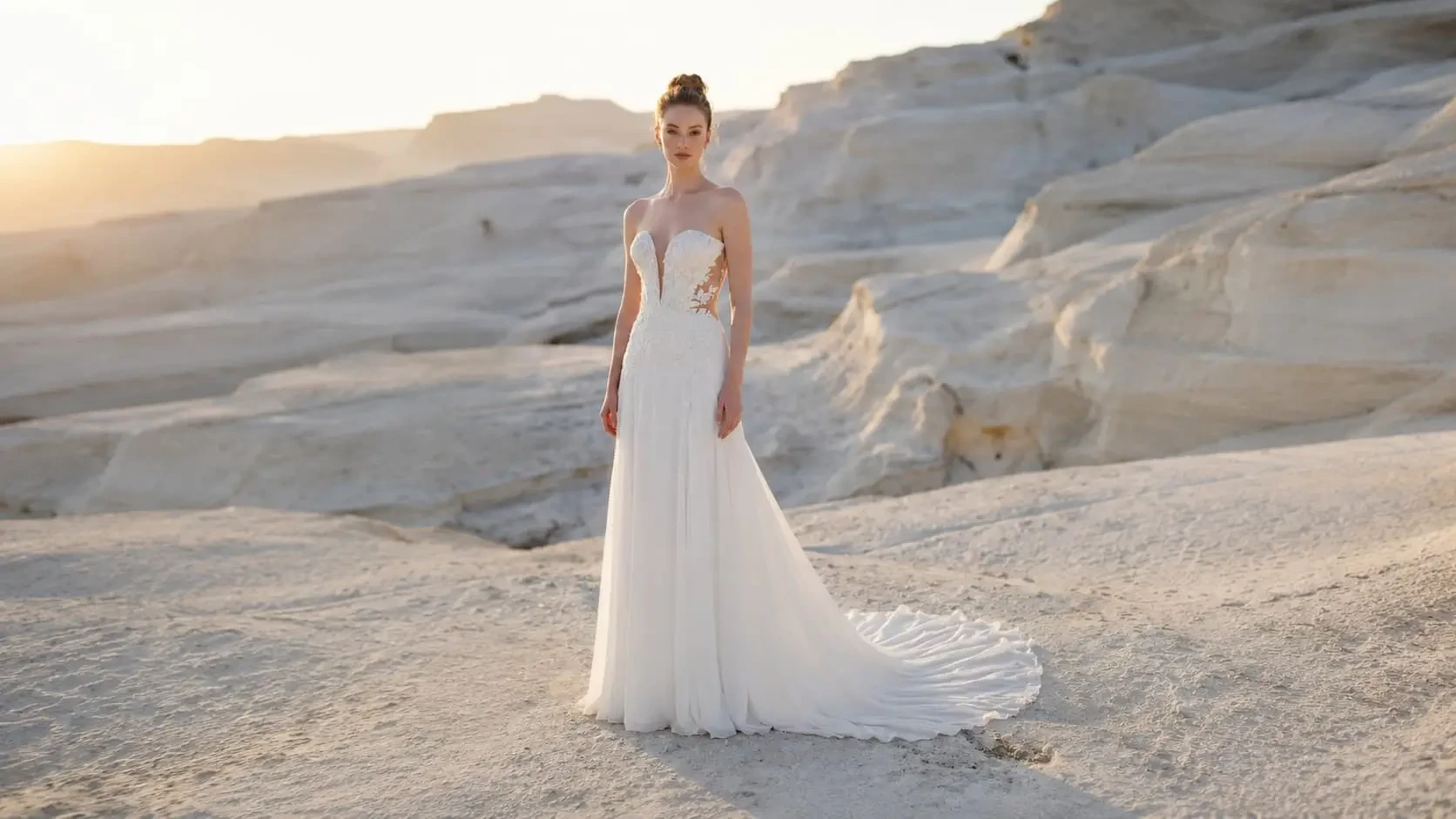 Model wearing a white wedding dress