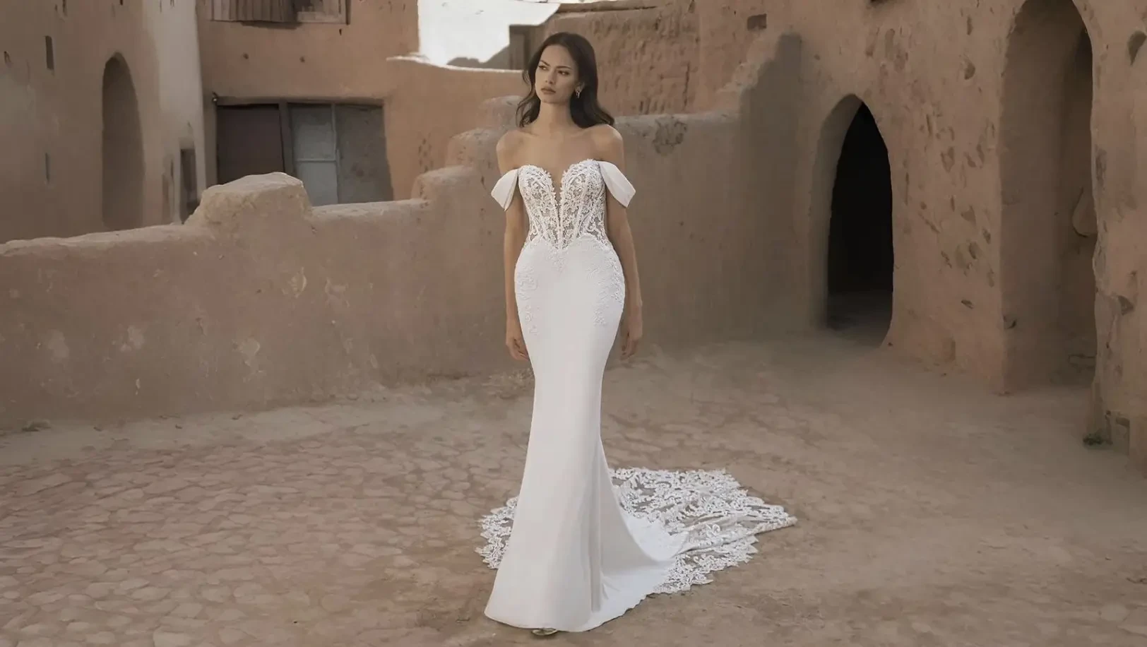Model wearing a white wedding dress