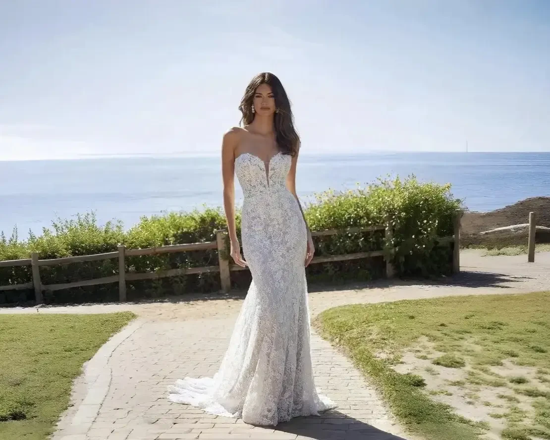 Model wearing a white wedding dress