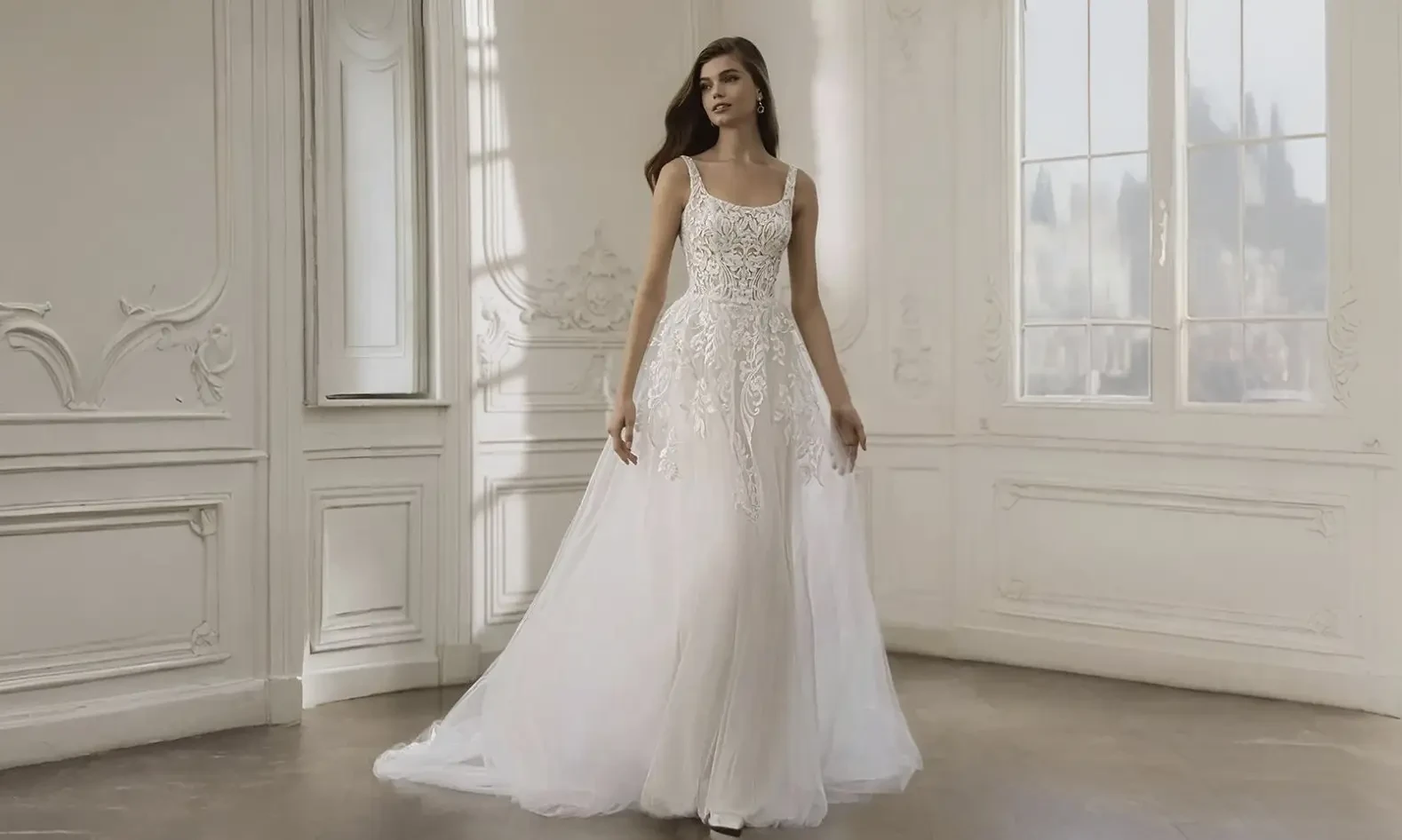 Model wearing a white wedding dress