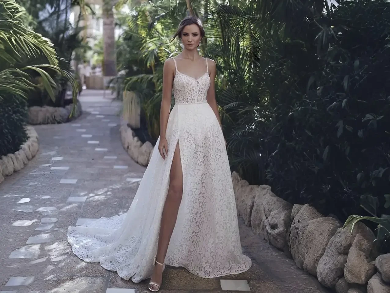 Model wearing a white wedding dress