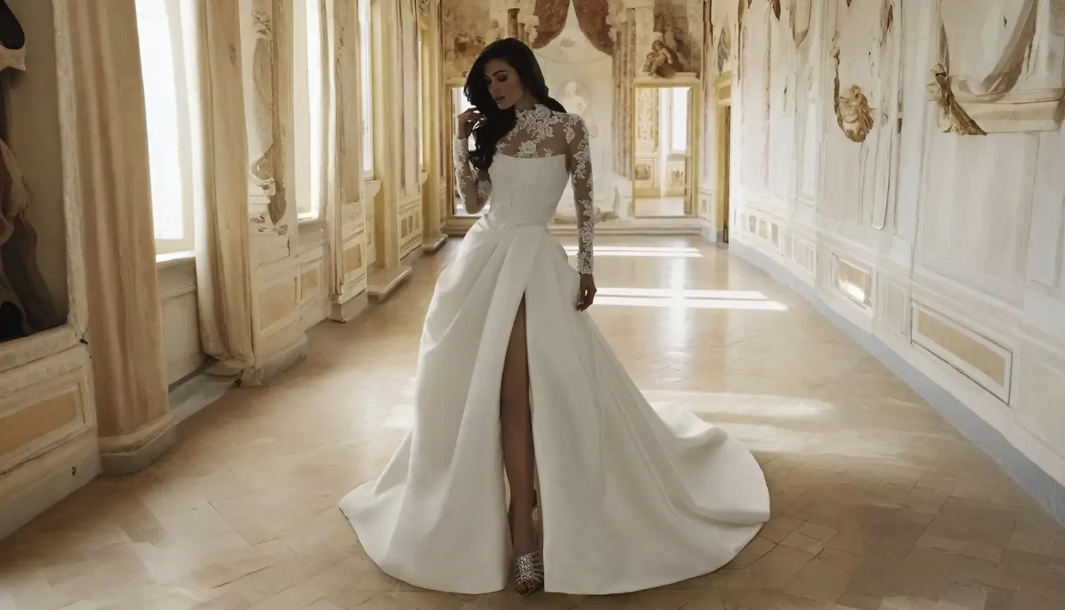 Model wearing a white wedding dress
