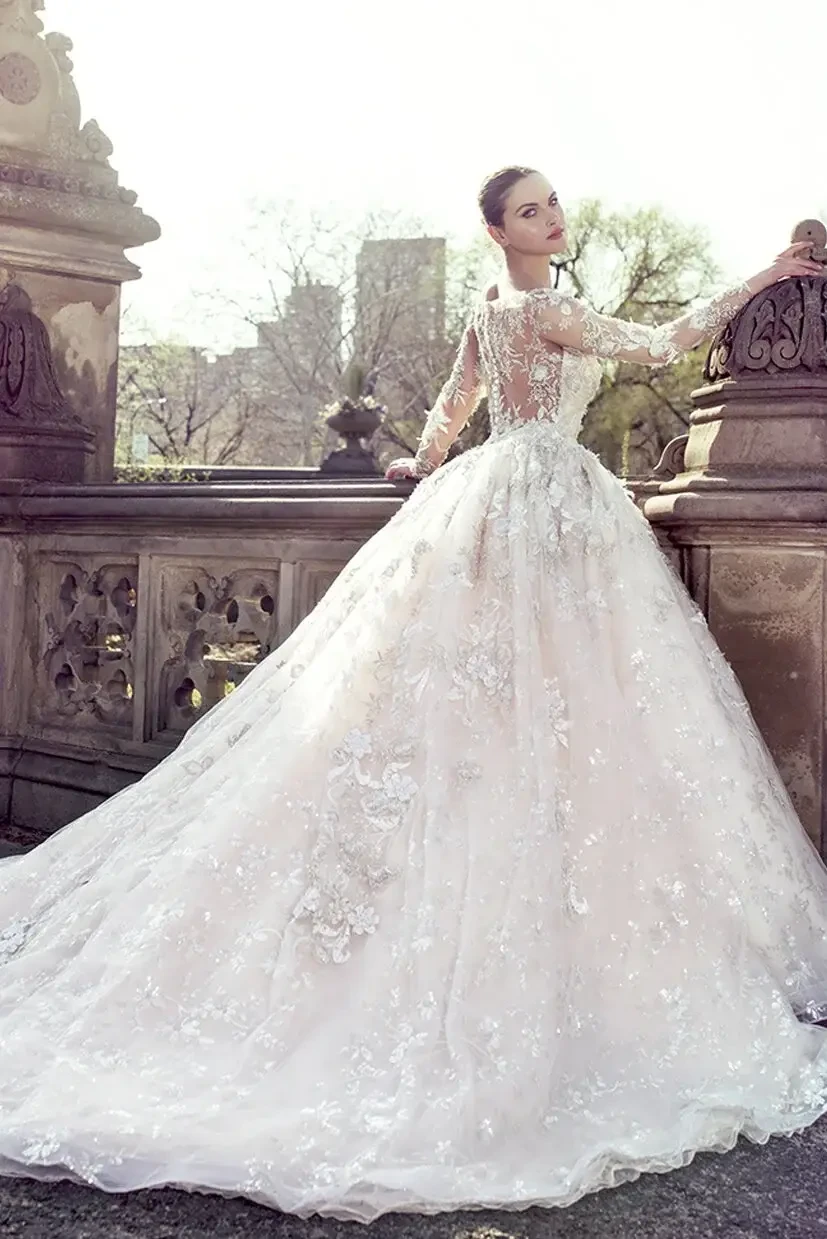 Model wearing a white wedding dress