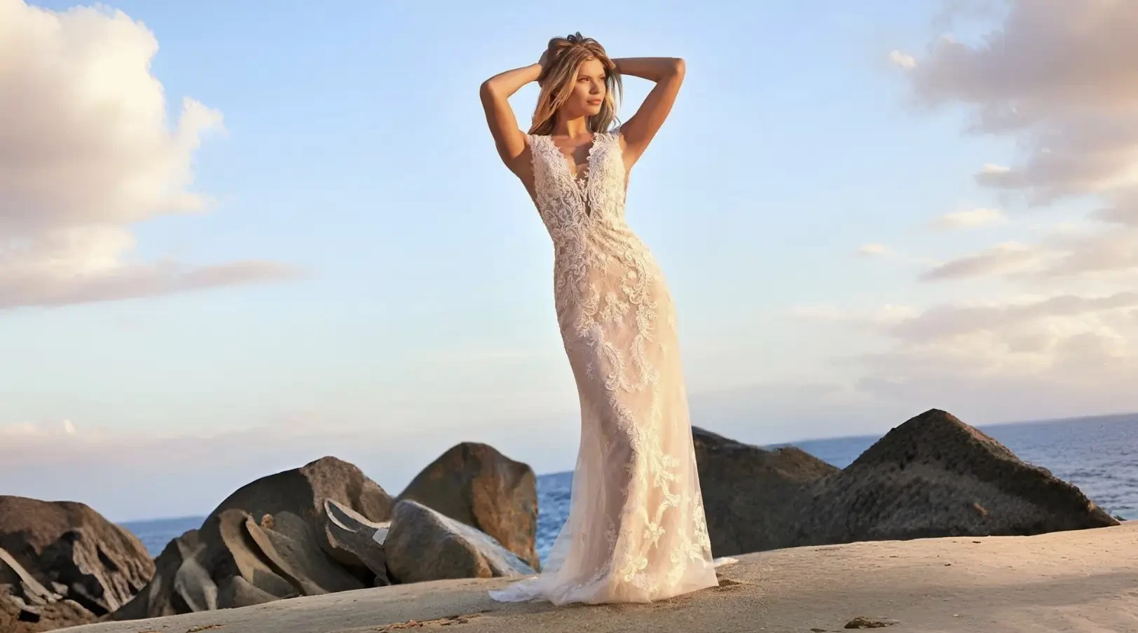 Model wearing a white wedding dress